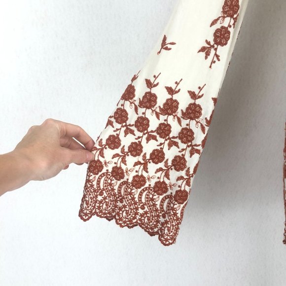 Fever Women's Size XS Boho Cream Burnt Orange Embroidered Tassel Tie Top Blouse - Picture 7 of 10